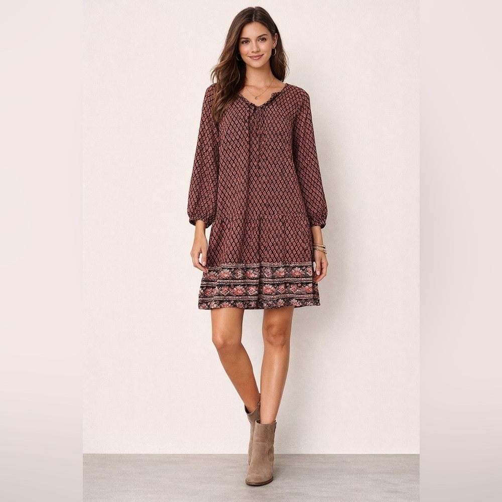 Style & Co Boho Dress Geo Coral Black Print Mini Flowy Soft – Women’s Medium